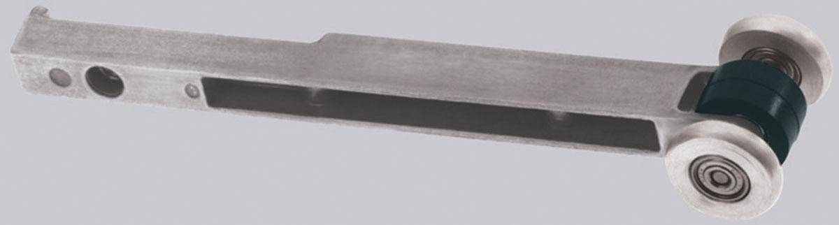 Dynabrade 11322 contact arm assembly with 5/8 inch rubber wheel, 3/8 inch width, and guide wheels for pneumatic tools.
