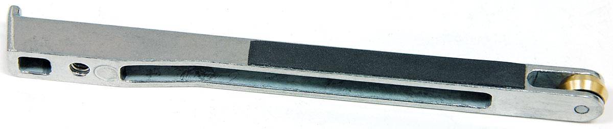 Dynabrade 11330 contact arm assembly with 7/8 inch brass wheel, 1/8 inch width, and 1/4 inch wide platen for industrial tools.