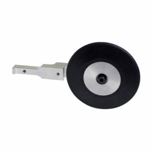 Dynabrade 11702 contact arm assembly with 1/2 inch diameter wheel and radiused wheel design for industrial sanding tools.