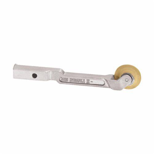 Dynabrade 15029 contact arm assembly with 1-inch diameter tapered rubber wheel and offset design, no platen included.