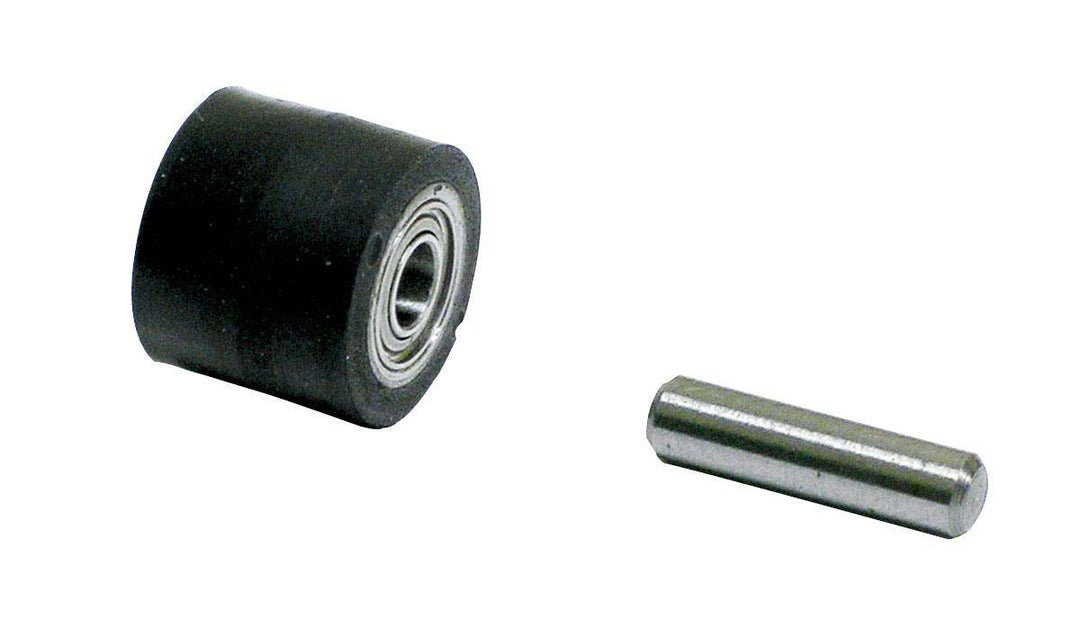 Dynabrade 11070 contact wheel assembly with 7/16 inch diameter, 3/8 inch width, 1/4 inch I.D., 70 duro rubber crown face.