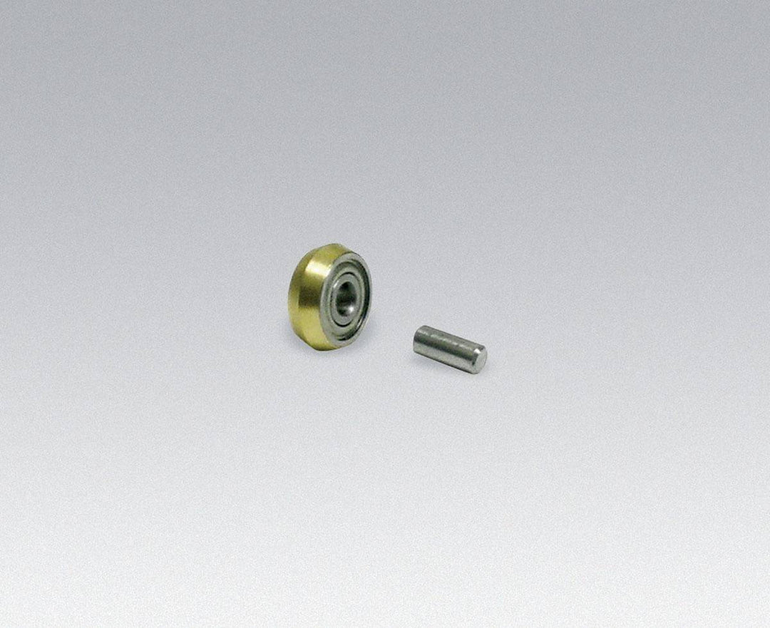 Dynabrade 11072 contact wheel assembly with 7/16 inch diameter, brass crown face, 1/8 inch width, 3/8 inch inner diameter.