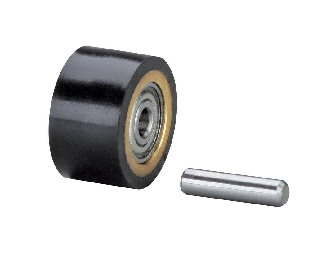 Dynabrade 11078 contact wheel assembly with 5/8x3/8 inch wheel bearing and shaft for industrial grinding tools.