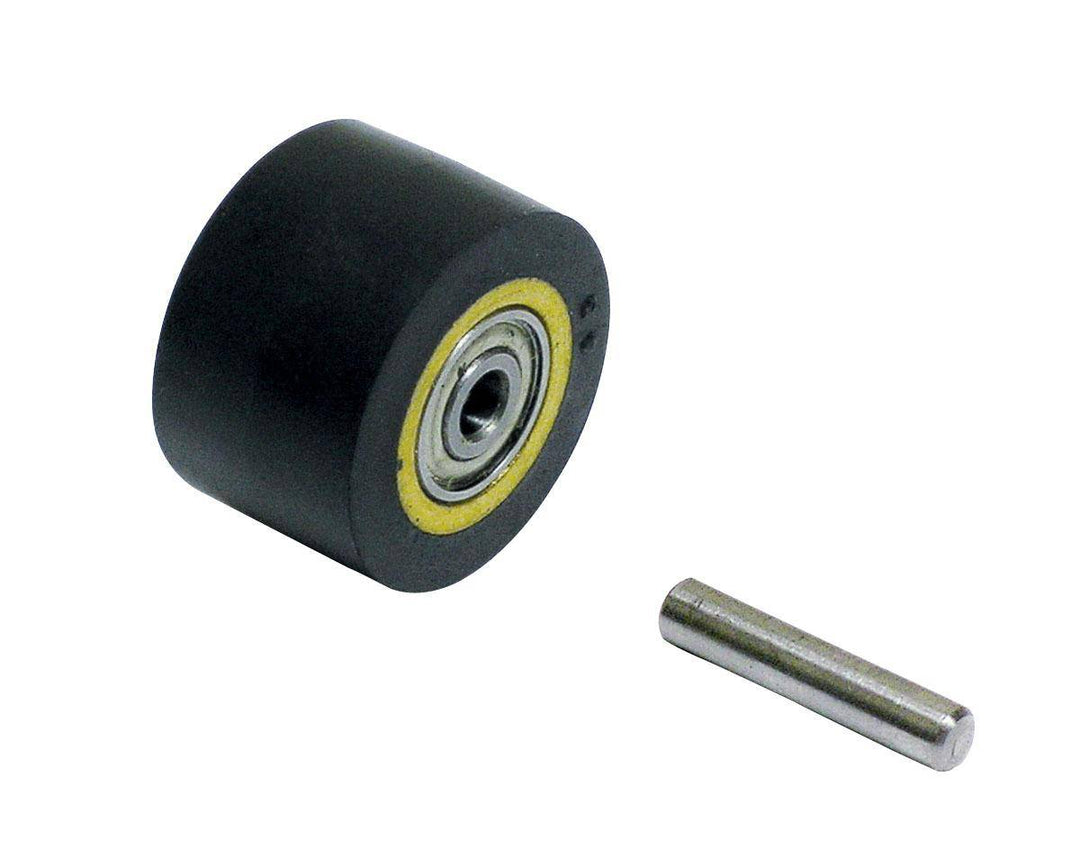 Dynabrade contact wheel assembly with 3/4x1/2 inch dimensions, crown face, 70 duro rubber, ideal for abrasive grinding tools.