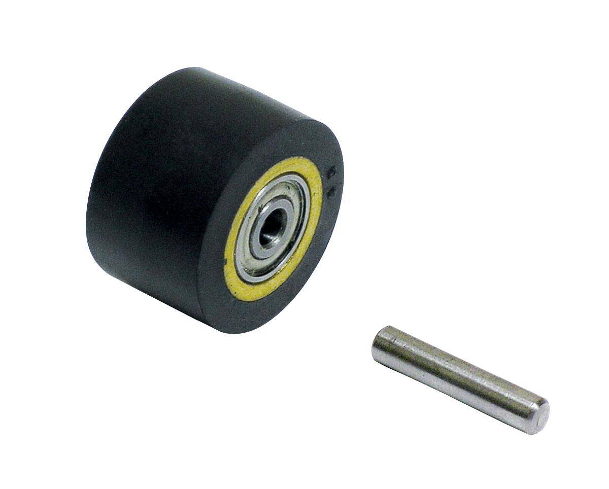 Dynabrade contact wheel assembly with 3/4x1/2 inch dimensions, crown face, 70 duro rubber, ideal for abrasive grinding tools.