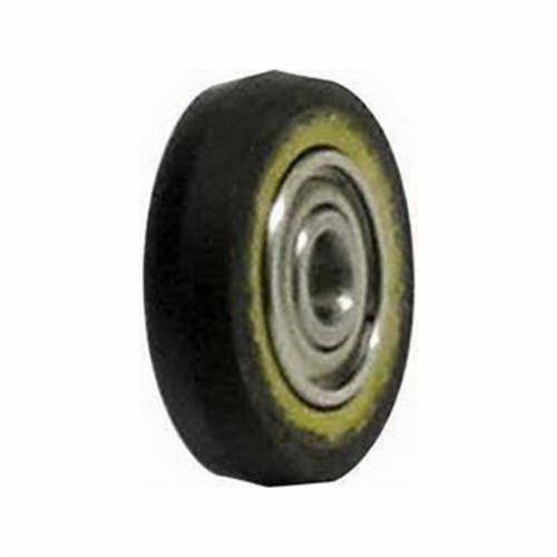 Dynabrade 11085 contact wheel with 1-inch diameter, V-shaped face, 3/8 inch width, 90 duro urethane material.