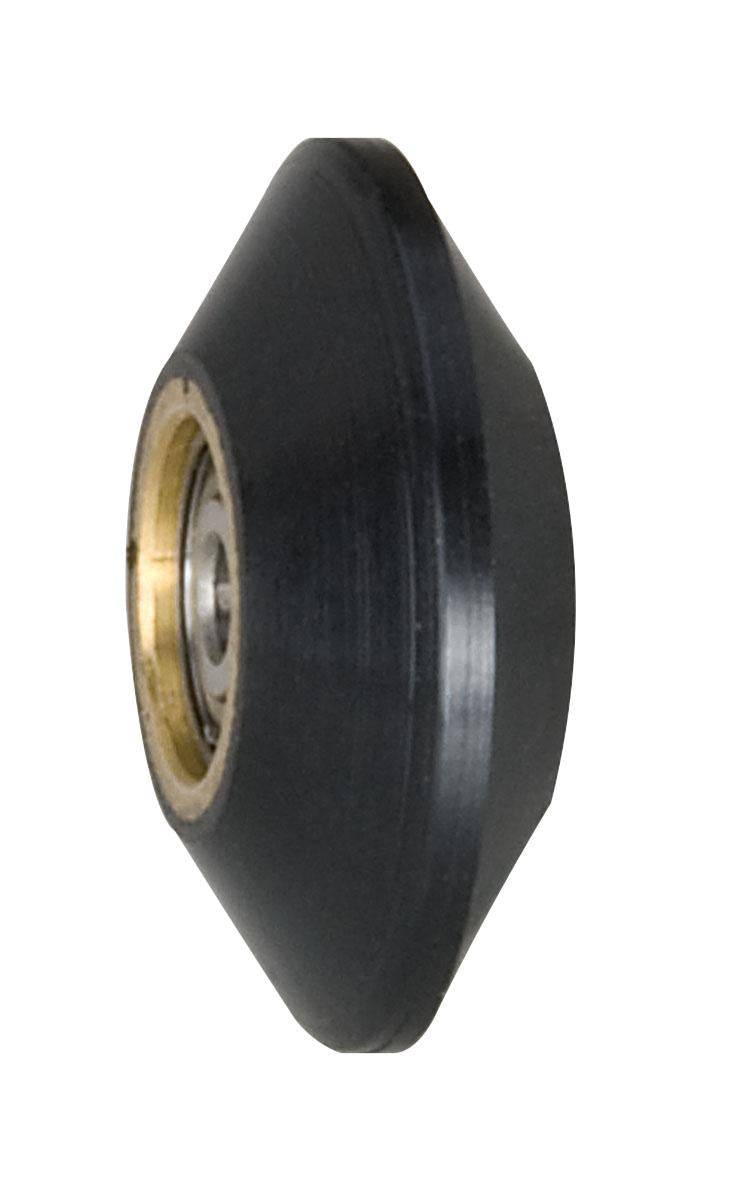 Dynabrade contact wheel assembly with 1-inch diameter, 3/8 inch width, V-shaped face, 90 duro rubber, for industrial grinding.