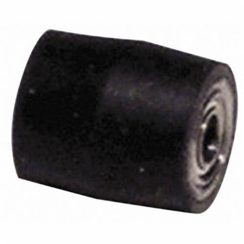 Dynabrade contact wheel with 5/16 inch diameter, 3/8 inch width, 3/16 inch I.D., crown face, made of 70 duro rubber.