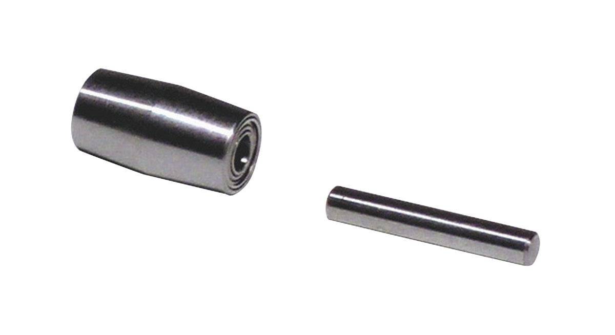Dynabrade 11352 contact wheel assembly with 5/16 inch diameter, 5/8 inch width, and steel crown face for industrial grinding.