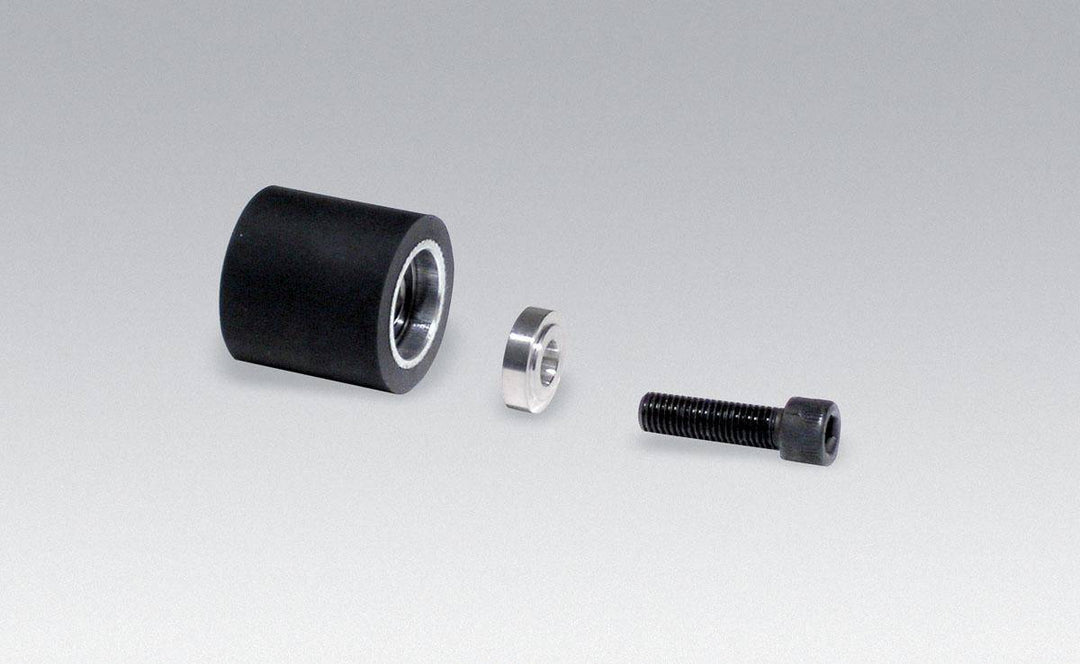 Dynabrade 11616 contact wheel assembly with 1-inch diameter, flat face, 8 duro rubber, for grinding and polishing tools.