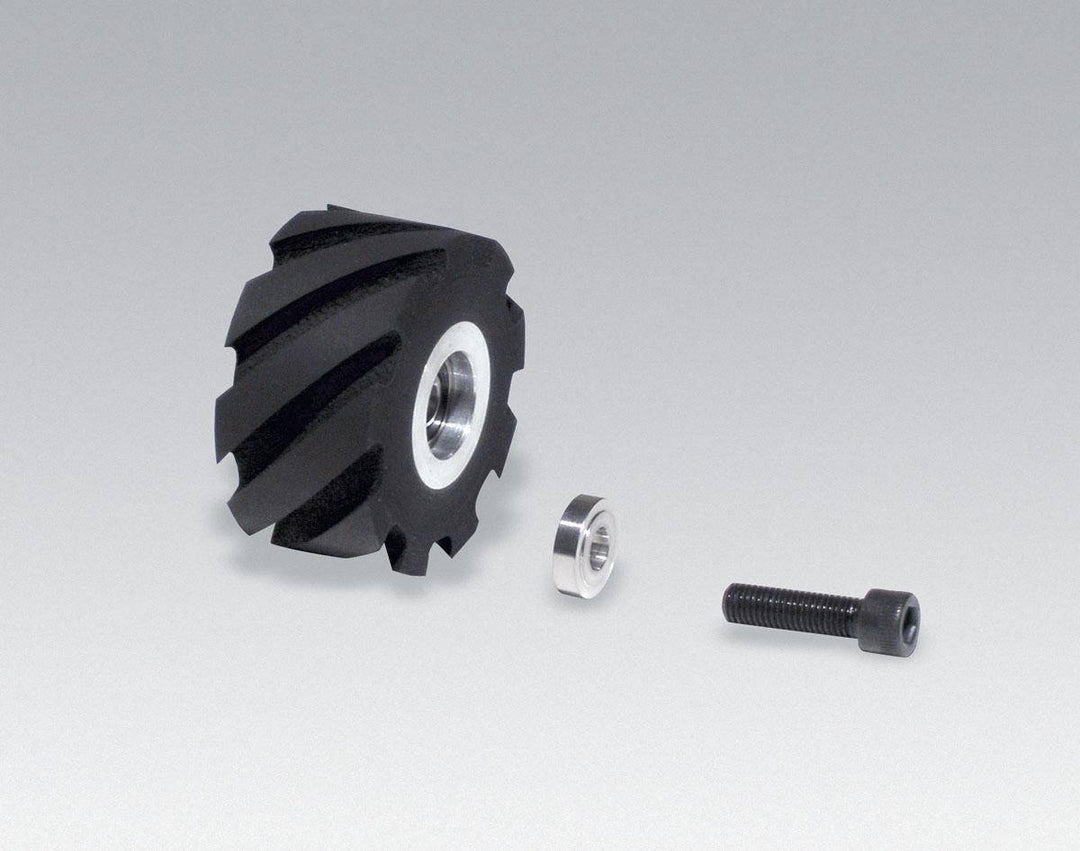 Dynabrade 11618 contact wheel assembly with 2x1 inch flat face and 5/8 inch I.D. 90 duro rubber for grinding and polishing.