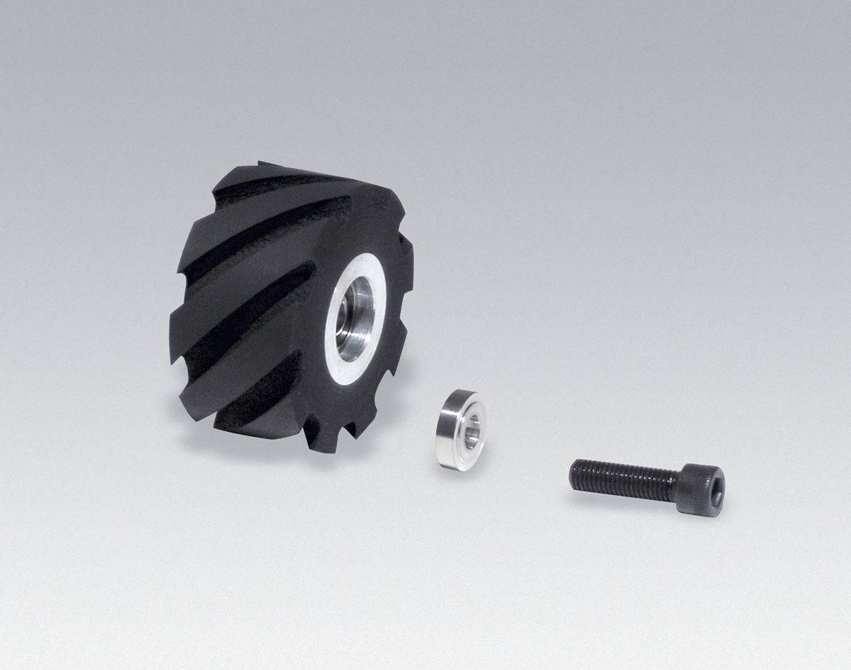 Dynabrade 11618 contact wheel assembly with 2x1 inch flat face and 5/8 inch I.D. 90 duro rubber for grinding and polishing.