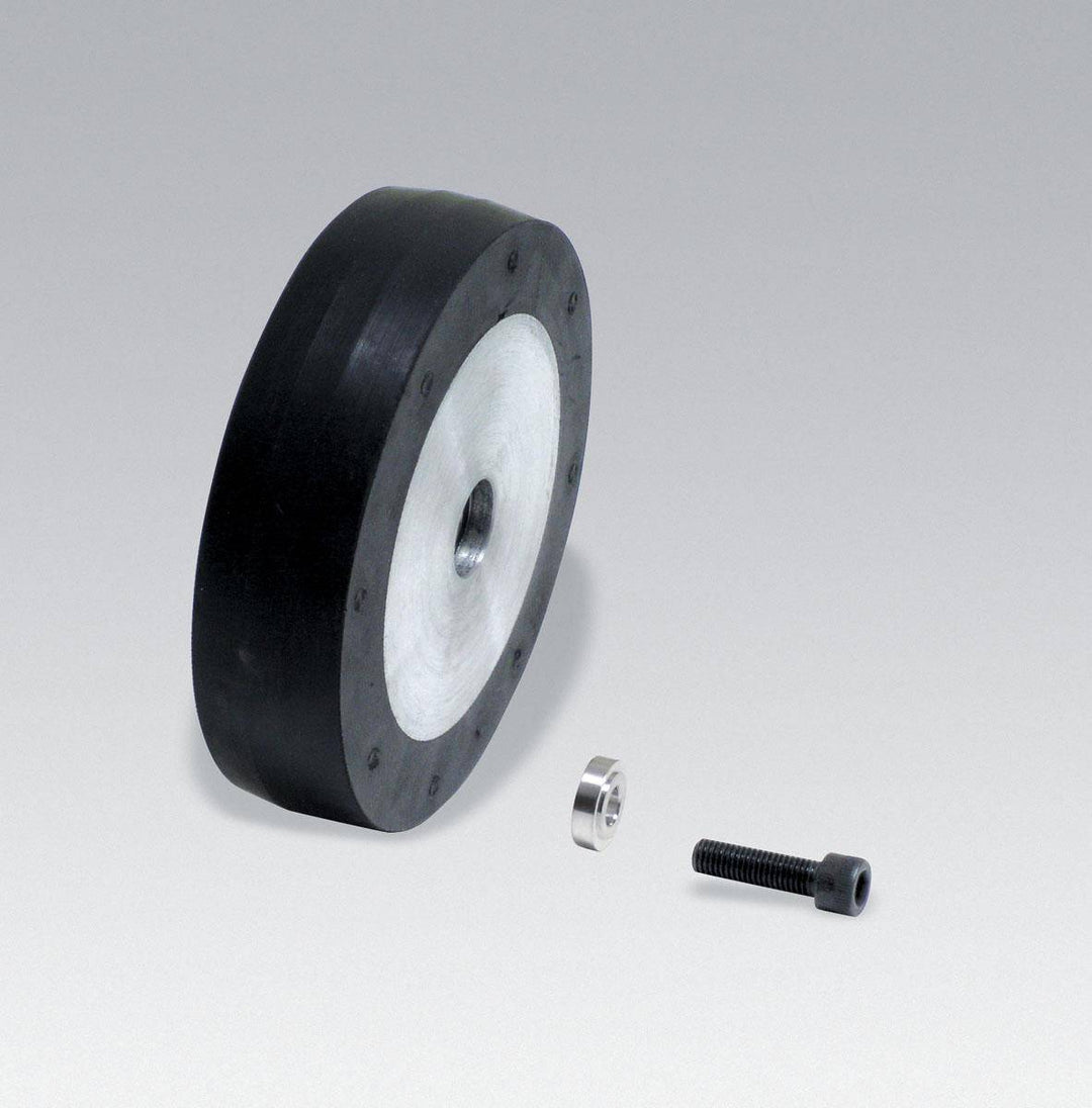 Dynabrade 11620 contact wheel assembly with 4x1 inch size, 5/8 inch I.D., crown face, 40 duro rubber for grinding tools.