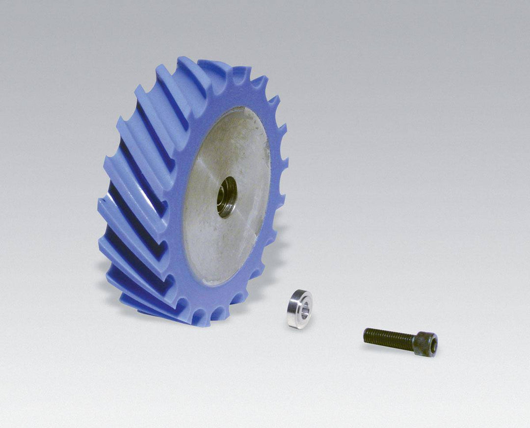 Dynabrade 11636 contact wheel assembly with 4x1 inch scoop face and 5/8 inch I.D., made of 8 duro urethane for polishing.