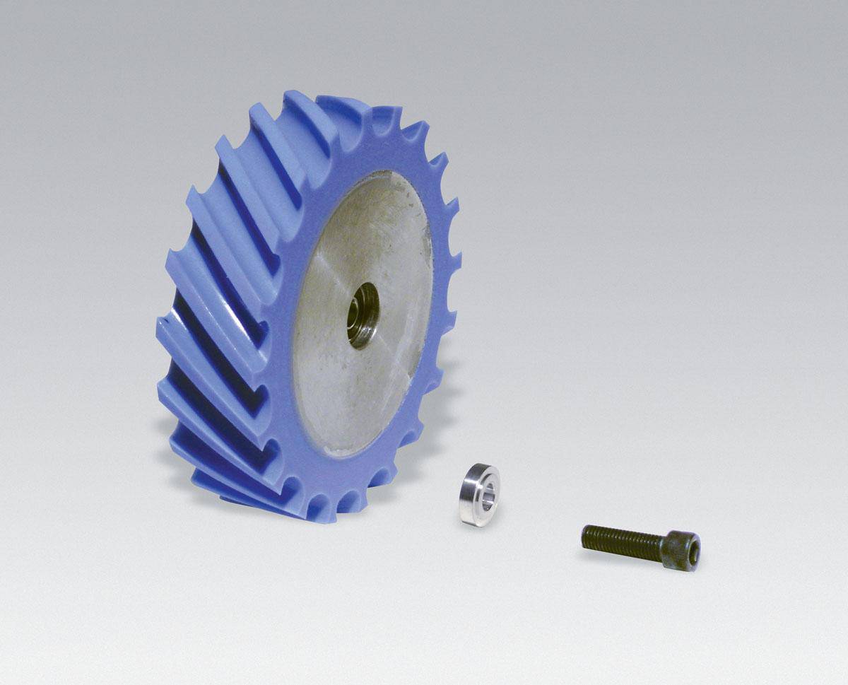 Dynabrade 11636 contact wheel assembly with 4x1 inch scoop face and 5/8 inch I.D., made of 8 duro urethane for polishing.