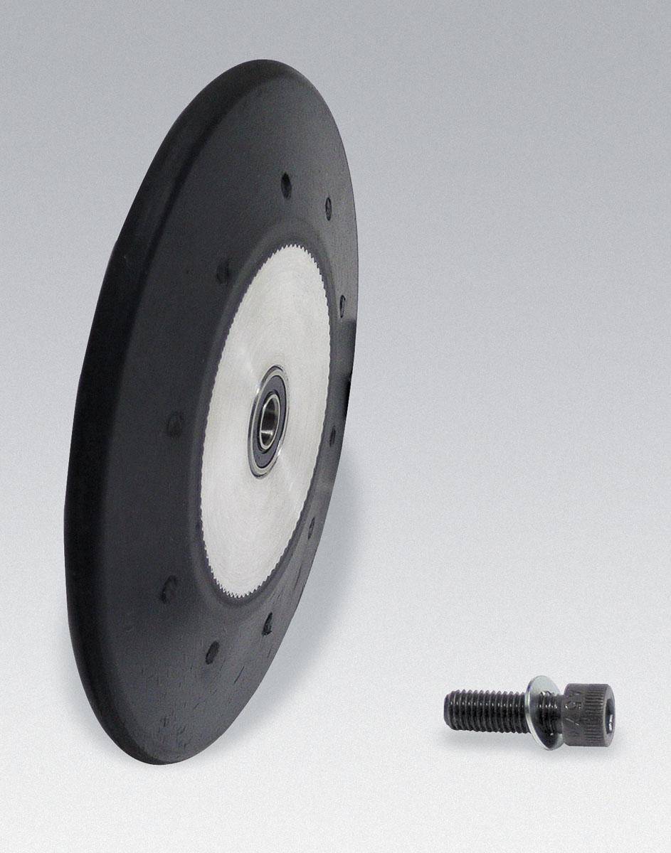 Dynabrade contact wheel assembly with 4x1/2 inch face, 5/8 inch ID, 70 duro rubber, radiused edge for grinding and polishing.