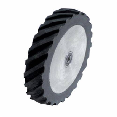 Dynabrade contact wheel with 4-inch diameter, scoop face, 5/8-inch width, 5/8-inch I.D., 40 duro rubber for polishing and grinding.
