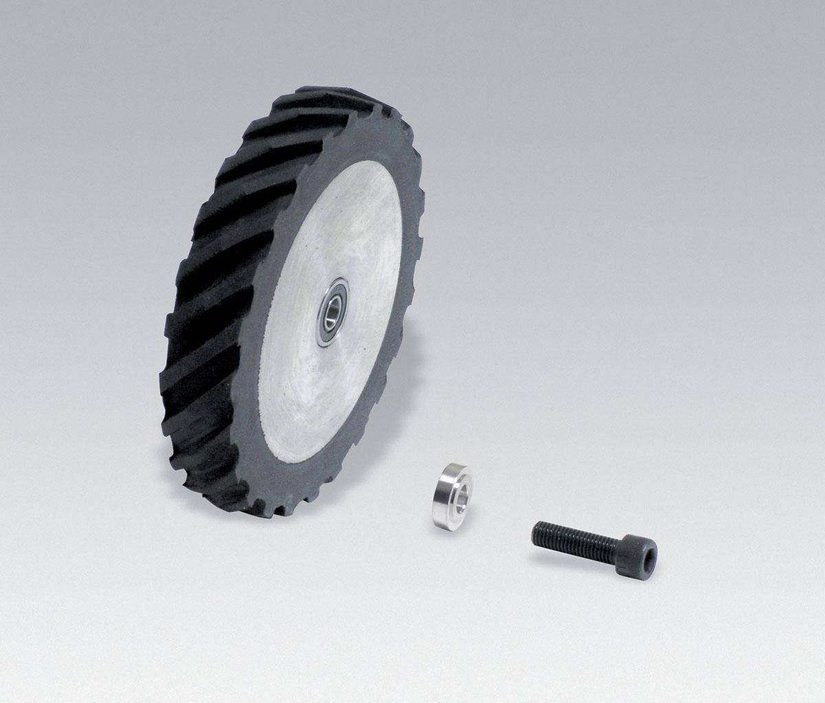 Dynabrade 11642 contact wheel assembly with scoop face, 4-inch diameter, 40 duro rubber, for grinding and polishing tools.
