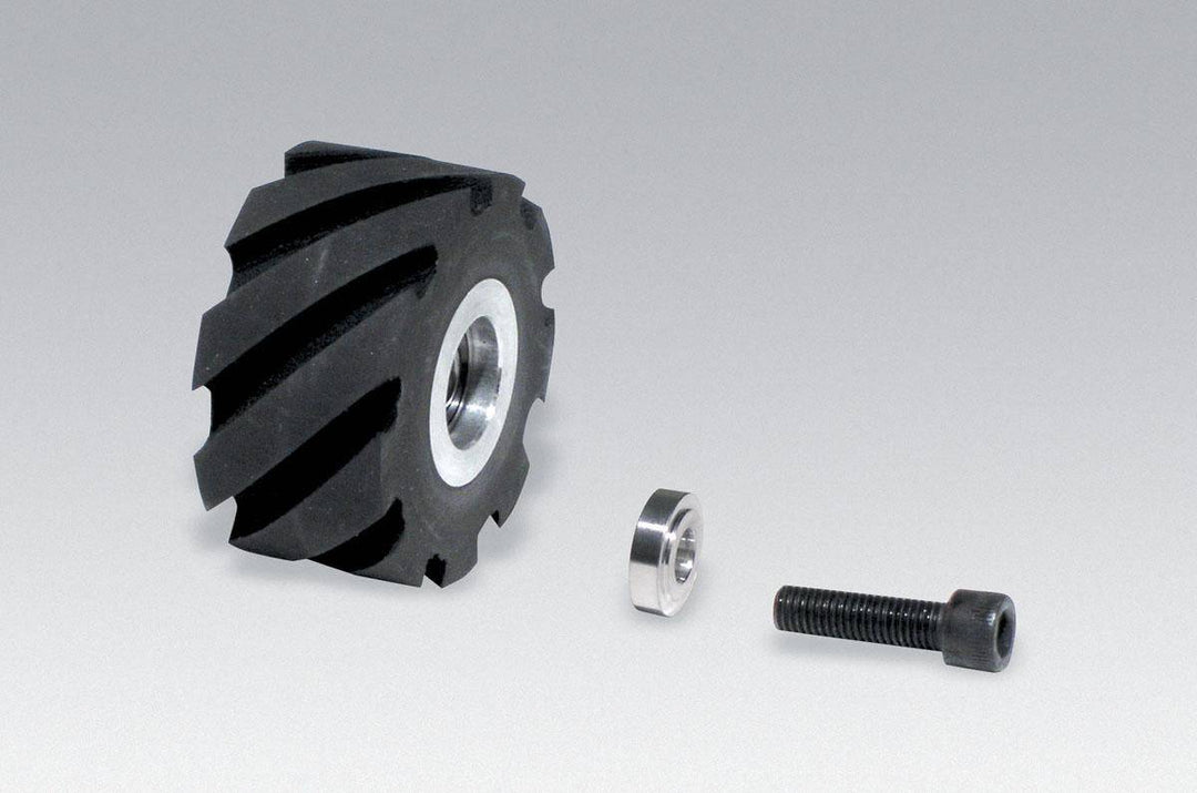Dynabrade 11650 contact wheel assembly with 2x1 inch size, 5/8 inch I.D., standard face, 70 duro rubber for polishing and grinding.
