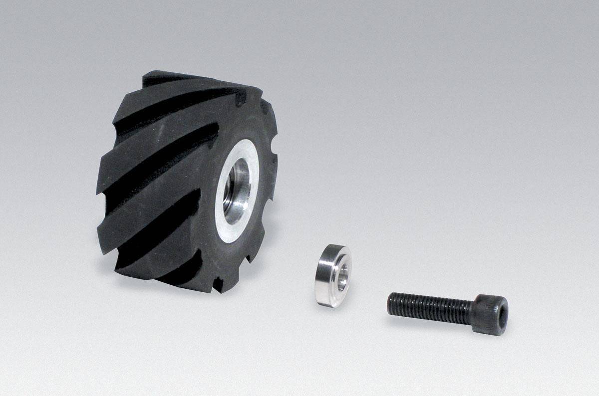 Dynabrade 11650 contact wheel assembly with 2x1 inch size, 5/8 inch I.D., standard face, 70 duro rubber for polishing and grinding.