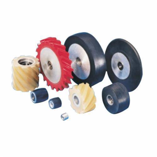 Dynabrade contact wheel 4x1 inches with 5/8-inch I.D. scoop face, made of 6 duro urethane for grinding and finishing.