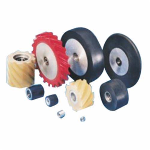 Dynabrade contact wheel assembly with 2x1 inch size, 5/8 inch I.D., crown face, 8 duro rubber for polishing and grinding.