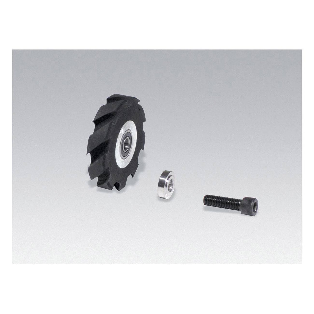 Dynabrade contact wheel with 4-inch diameter, scoop face, 5/8 inch width and I.D., made of 6 duro urethane for polishing tools.