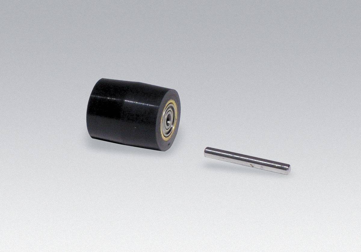 Dynabrade 15320 contact wheel assembly with 3/4 inch diameter, 7/8 inch width, 3/8 inch ID, crown face, 70 duro rubber.
