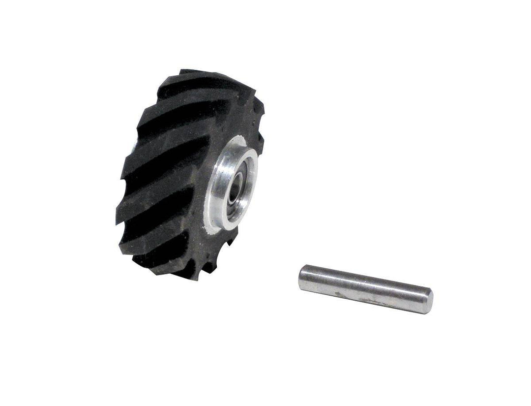 Dynabrade 15346 contact wheel assembly with 2-inch diameter, 5/8-inch width, crown face, 40 duro rubber for grinding tools.