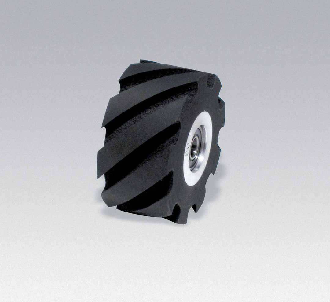 Dynabrade contact wheel assembly with flat face, 2x1 inch, 5/8 inch I.D., 90 duro rubber for grinding and finishing tools.