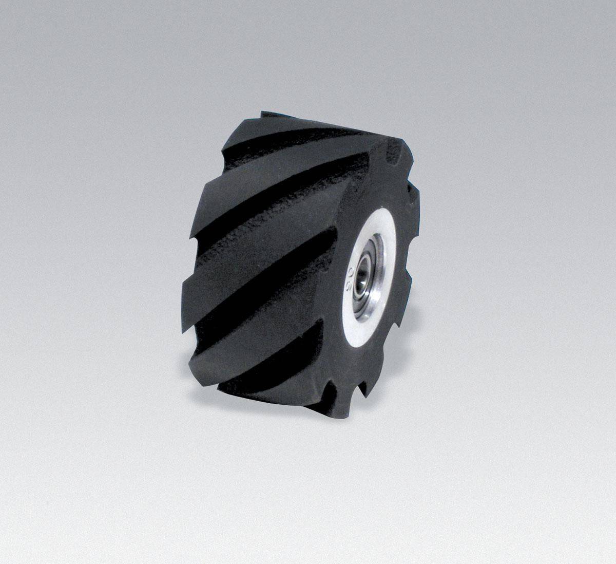 Dynabrade contact wheel assembly with flat face, 2x1 inch, 5/8 inch I.D., 90 duro rubber for grinding and finishing tools.