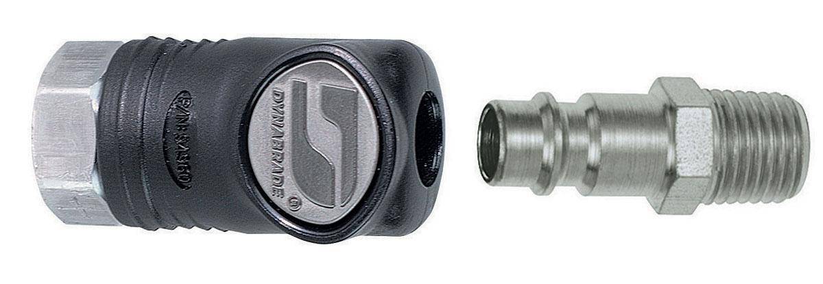 Dynabrade 94990 1/4 inch female composite-style coupler with 1/4 inch male plug assembly for pneumatic tools.