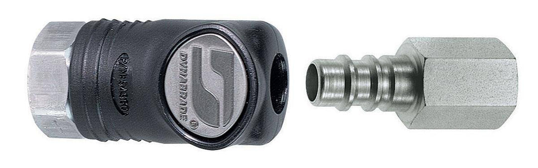 Dynabrade 94991 1/4 inch female composite-style coupler with plug assembly for pneumatic tools and connections.