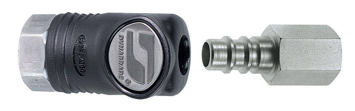 Dynabrade 94991 1/4 inch female composite-style coupler with plug assembly for pneumatic tools and connections.