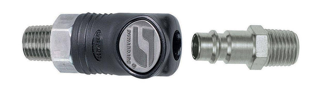 Dynabrade 94992 1/4 inch male composite-style coupler with plug assembly, used for pneumatic tool connections.