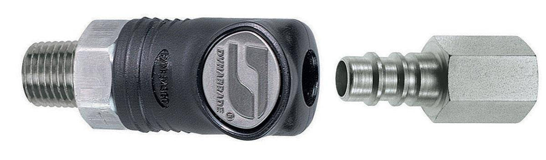 Dynabrade 94993 1/4 inch male composite-style coupler with 1/4 inch female plug assembly for air tools.