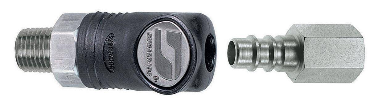 Dynabrade 94993 1/4 inch male composite-style coupler with 1/4 inch female plug assembly for air tools.