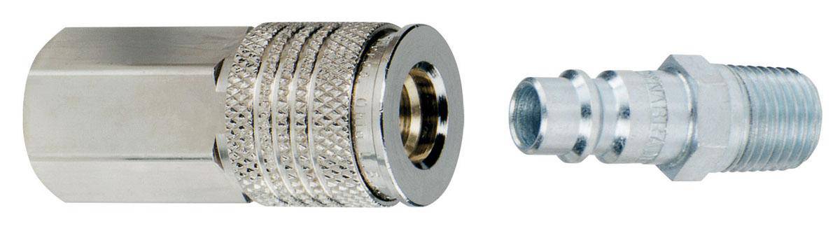 Dynabrade 95676 female coupler and male plug assembly, 1/4 inch air tool connector, shown with metal fittings on a white background.