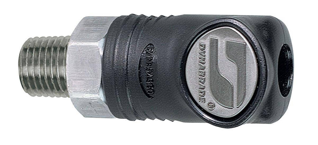Dynabrade 94980 1/4 inch composite style coupler with male connector, used for pneumatic tool connections.