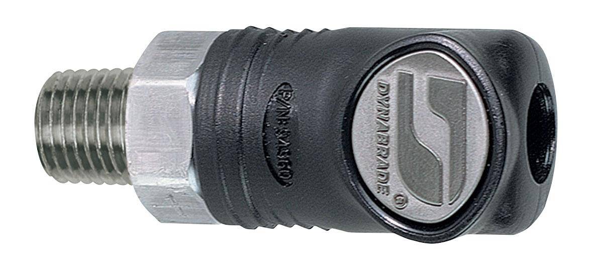 Dynabrade 94980 1/4 inch composite style coupler with male connector, used for pneumatic tool connections.