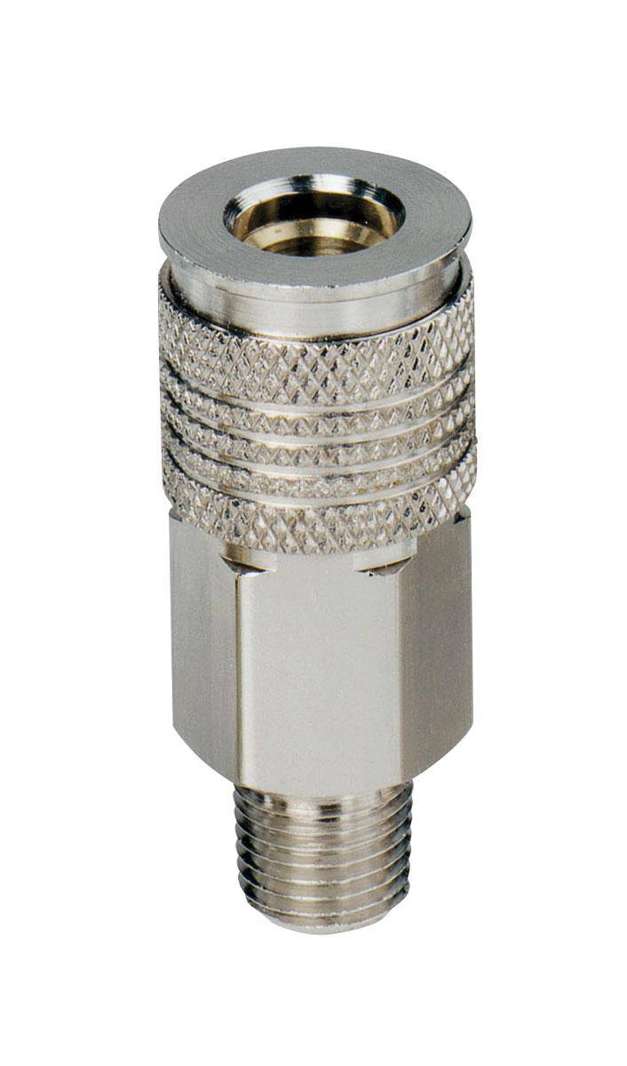Dynabrade 95684 1/4 inch male coupler for air tools, shown in close-up with metal threading and durable construction.