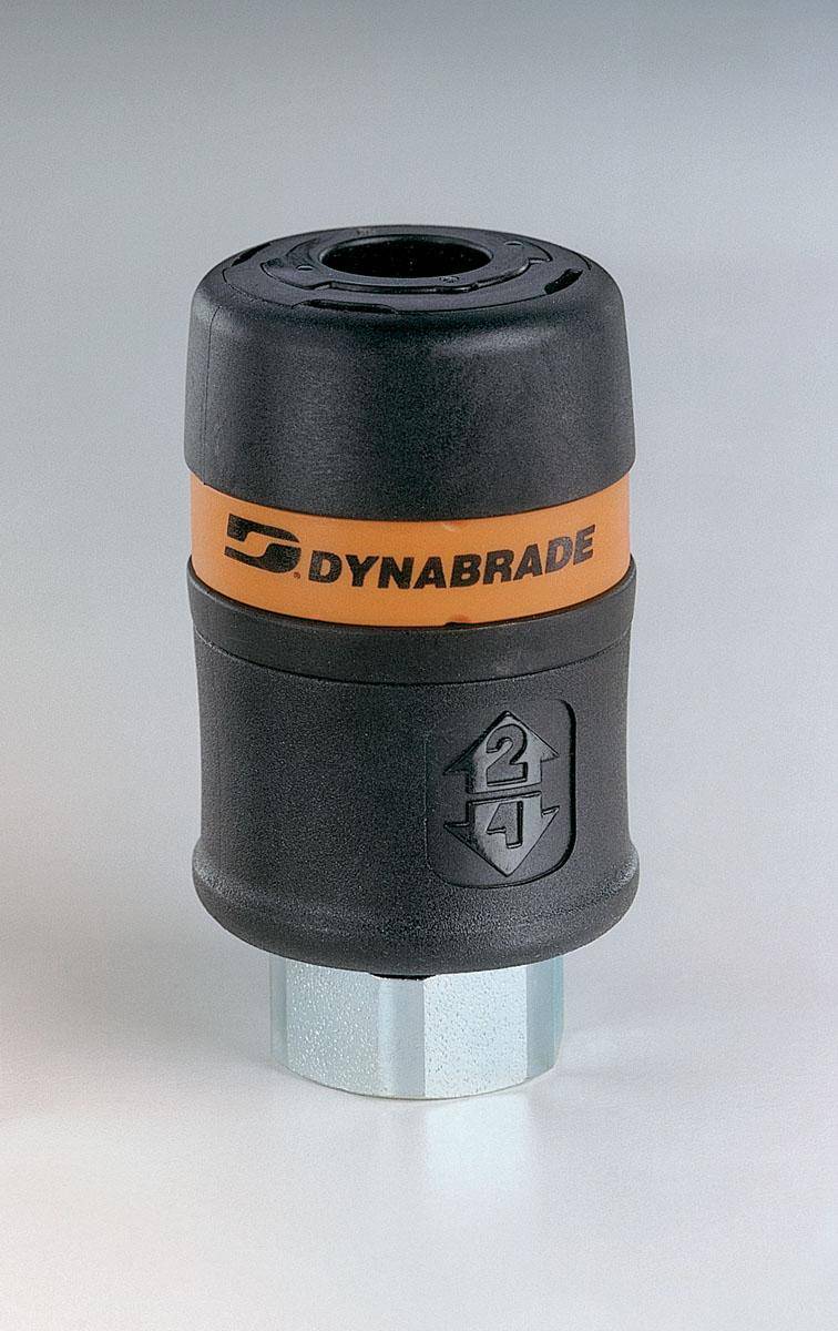 Dynabrade 97566 1/4 inch female safety coupler for air tools, showing the metal connector with safety features and threading.