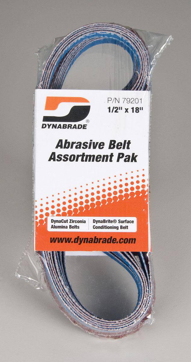 Dynabrade 79201 sanding belt pack showing 1/2 inch by 18 inch abrasive belts with grit backing for sanding applications