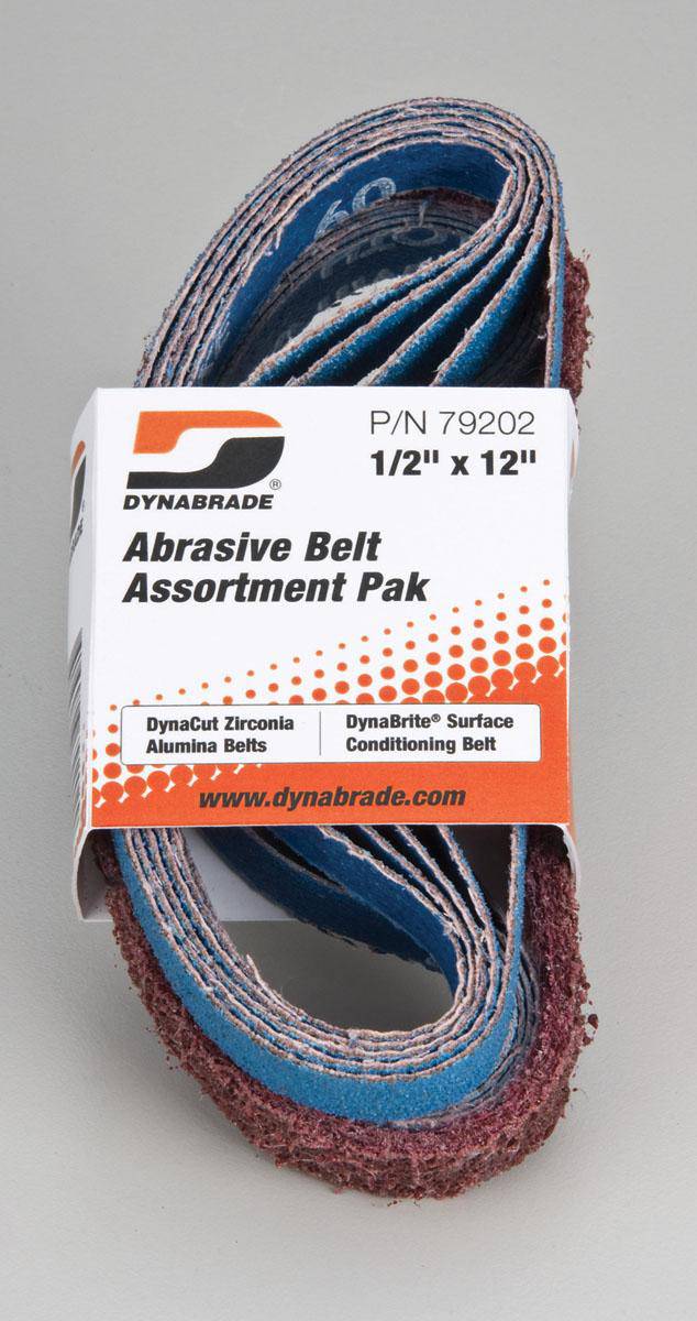Dynabrade 79202 sanding belt pack with grit, 1/2 inch by 12 inch, showing multiple abrasive belts for industrial sanding.