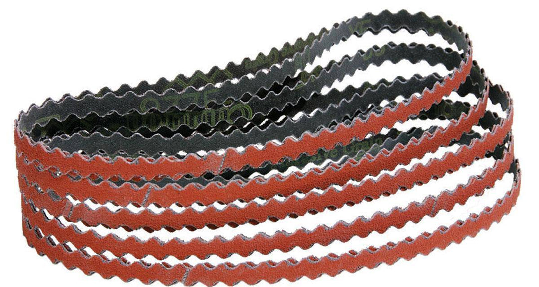 Dynabrade Dynacut 91386 1/2 inch x 24 inch ceramic alumina belt with scalloped edges and polyester backing, 120 grit for grinding.