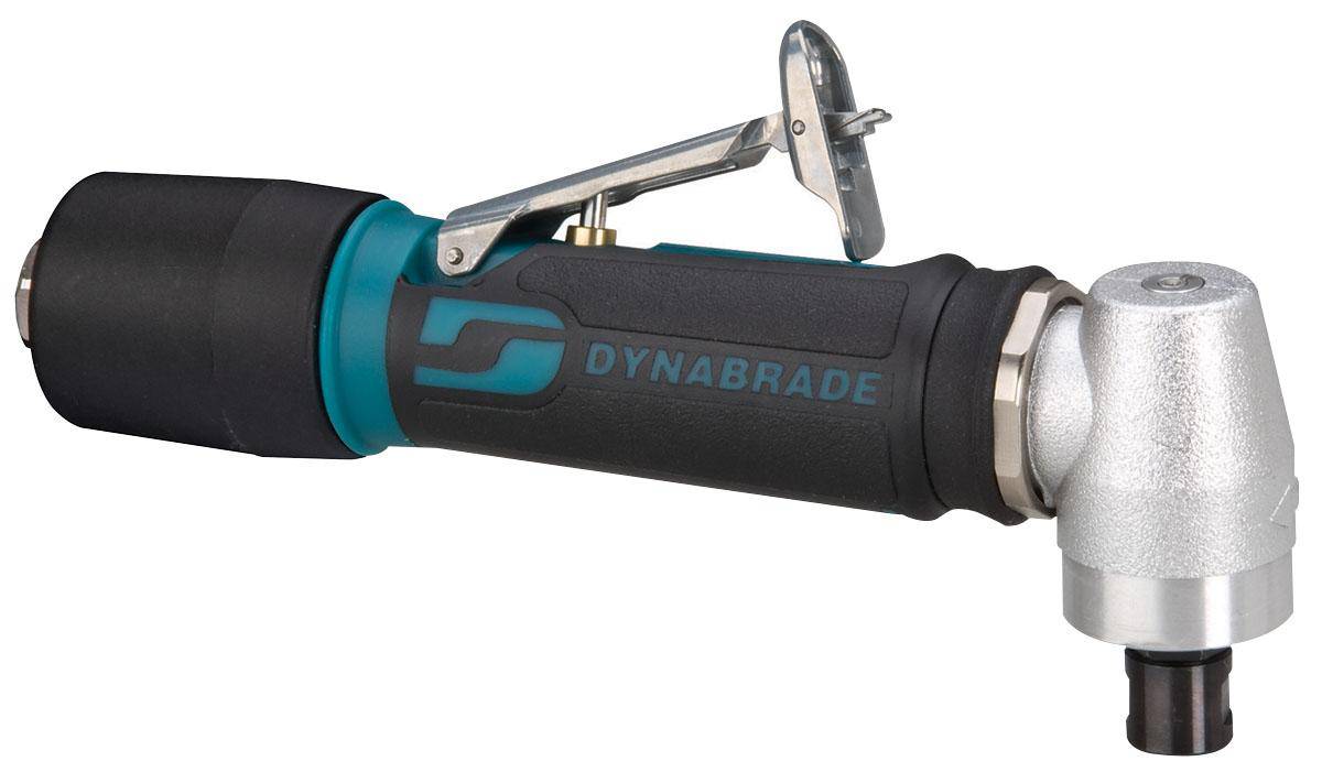 Dynabrade 46000 .4 Hp right-angle die grinder with 1/4 inch collet, 12000 RPM, spiral-geared, extended rear exhaust for precise grinding.