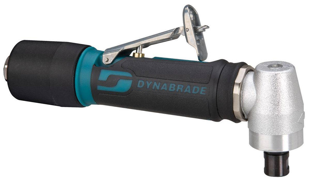 Dynabrade 46001 4 HP right-angle die grinder with 1/4 inch collet, spiral-geared, 15000 RPM, rear exhaust, extended design.