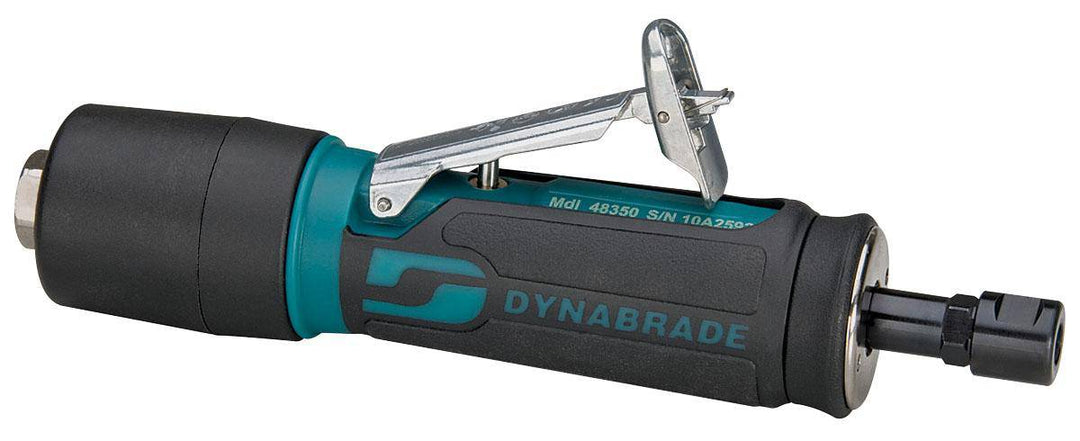Dynabrade 48350 straight-line die grinder with 0.4 HP, rear exhaust, 1/8 inch and 3 mm collets, extended muffler, 35,000 RPM.