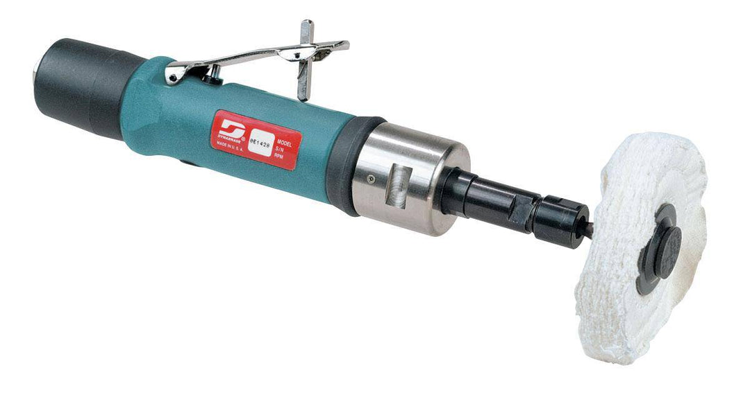 Dynabrade 52101 straight-line die grinder with .7 HP, planetary gear, 1/4 inch collet, extended rear exhaust, 3400 RPM.