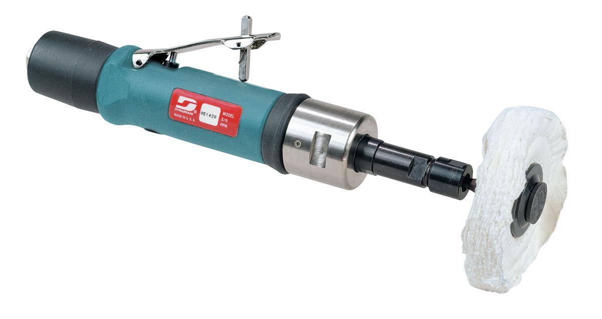 Dynabrade 52102 straight-line die grinder with 0.7 HP, planetary gear, 1/4 inch collet, extended rear exhaust, and 4500 RPM.